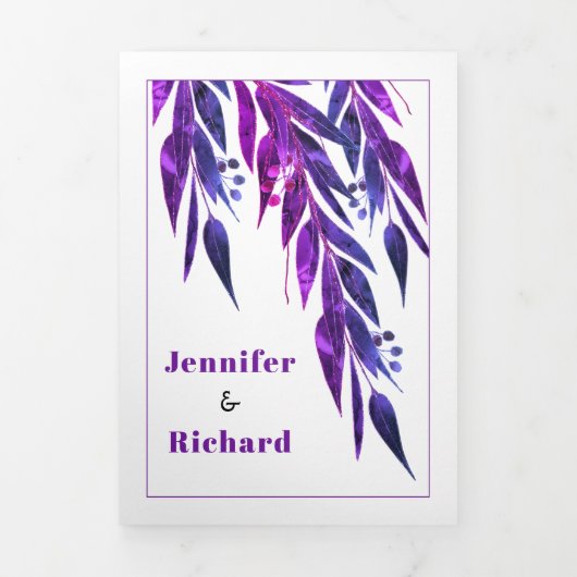 Eucalyptusvertakking voor paarse herfstbruiloft drieluik uitnodiging (Cover)