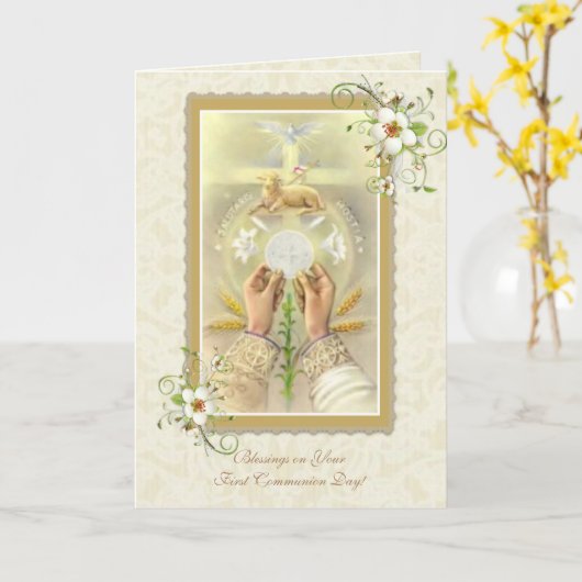 EUcharIST Eerste Heilige Communist kruis/lam Kaart (Gele Bloem)