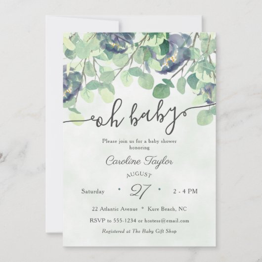 Eucualyptus Greenery Navy Blue Floral Baby shower Kaart (Voorkant)