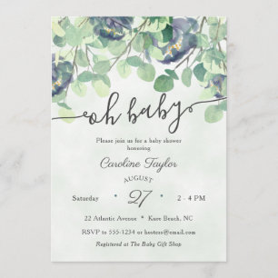Eucualyptus Greenery Navy Blue Floral Baby shower Kaart