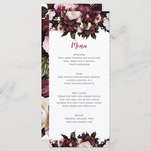Euforie Bourgondië en roze bloemboeket bruiloft Menu (Voorkant / Achterkant)
