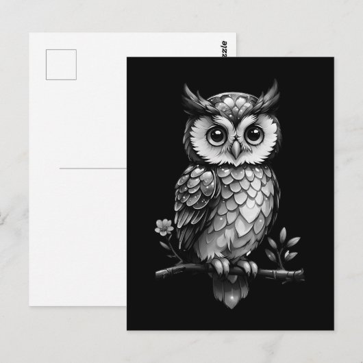 Eule auf einem blühenden Ast - schwarz weiß Briefkaart (Voorkant / Achterkant)