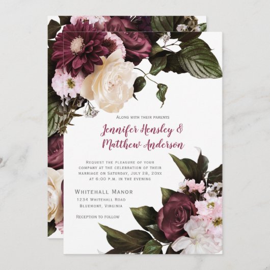 Euphoria Blush Roze en Bourgondische Bloemen Bruil Kaart (Voorkant / Achterkant)