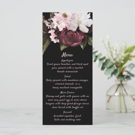 Euphoria Bourgondië & Roze Bloemen Bruiloft Menu (Staand voorkant)