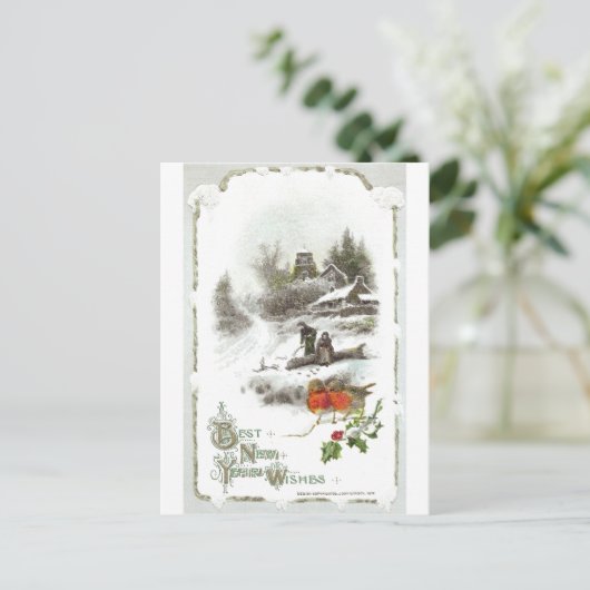Euro Robins en Snowy Hamlet  Nieuwjaar Feestdagenkaart (Staand voorkant)