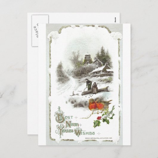Euro Robins en Snowy Hamlet  Nieuwjaar Feestdagenkaart (Voorkant / Achterkant)