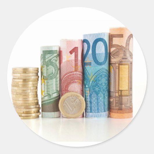 eurobiljetten en euromunten ronde sticker (Voorkant)