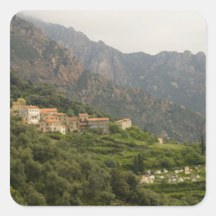 Europa, Frankrijk, Corsica, Ota.  Stad Ota en Vierkante Sticker