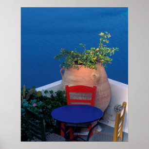 Europa, Griekenland, Santorini. Terras met zee uit Poster