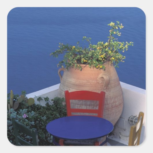 Europa, Griekenland, Santorini. Terras met zee uit Vierkante Sticker (Voorkant)