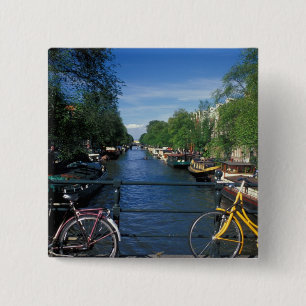 Europa, Holland, Amsterdam, gele fiets en Vierkante Button 5,1 Cm
