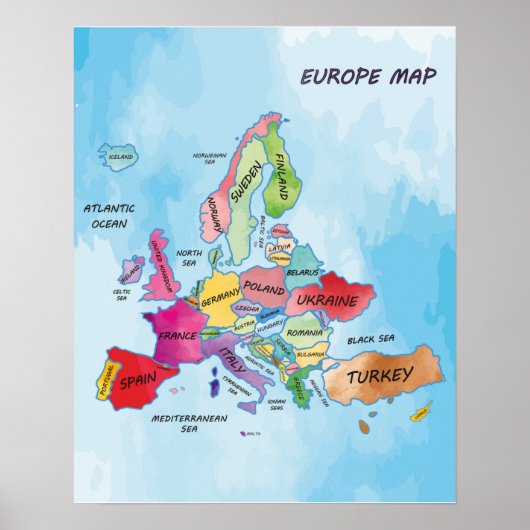Europa Kaart een kleurenillustratie Poster (Voorkant)