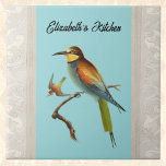 European Bee Eater Bird met Name on Aqua Tegeltje<br><div class="desc">Dit ontwerp is voorzien van de mooie "bijeneter" vogel (Merops apiaster), met zijn levendige en kleurrijke veren en plumage. Deze vogel vangt, zoals zijn naam impliceert, verschillende insecten en hij verspreidt zich in Zuid- en Midden-Europa, Noord- en Zuid-Afrika en western-Azië. Sommige mensen denken dat deze vogel uit het afbeelding is...</div>