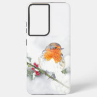European English Robin Bird Winter Holly Berries