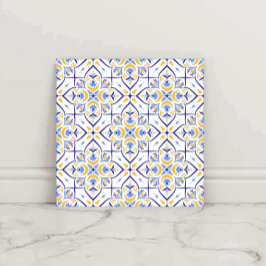 European Floral Blue and Gold Geometric Mosaic Tegeltje