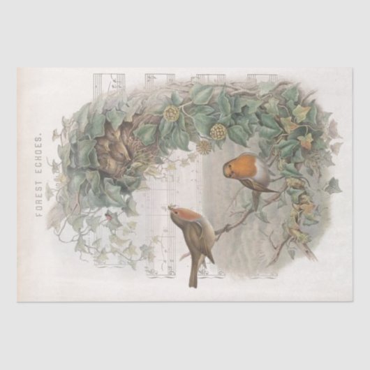 European Robin Bird Nest Vines Old Music Decoupage Tissuepapier (Voorkant)