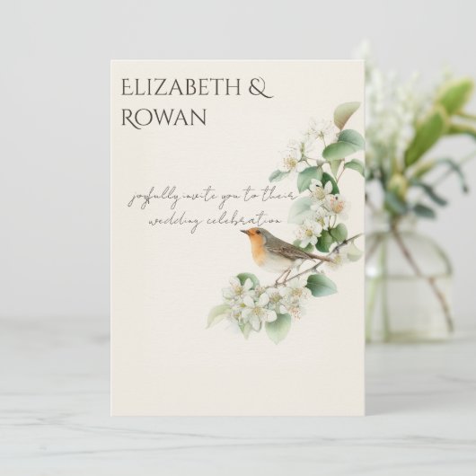 European Robin & Hawthorn – Editable Botanical Wed Kaart (Staand voorkant)