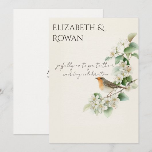 European Robin & Hawthorn – Editable Botanical Wed Kaart (Voorkant / Achterkant)