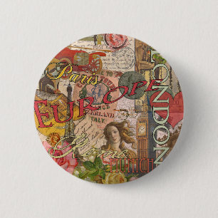 European Travel Print Art London Rome Paris Ronde Button 5,7 Cm