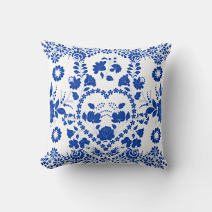 European White Blue Folk Art Pillow Kussen