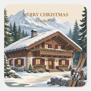 Europees Alpien Kerstfeest - Besneeuwde Berg Winte Vierkante Sticker