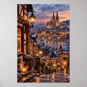Europese kathedraal rivierdijk winters zonsonderga poster