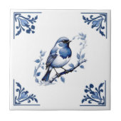 Europese Robin Bird Delfts Blauw Witte Bloemhoek Tegeltje (Voorkant)