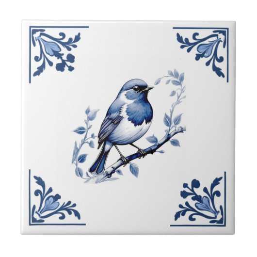 Europese Robin Bird Delfts Blauw Witte Bloemhoek Tegeltje (Voorkant)