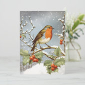 Europese Robin Bird Holly Sneeuw Kerstvakantie Feestdagenkaart (Staand voorkant)