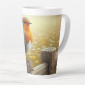 Europese Robin neergestreken op rustieke hek Latte Mok (Rechterhoek)