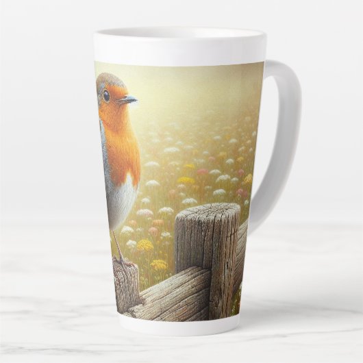 Europese Robin neergestreken op rustieke hek Latte Mok (Rechterhoek)