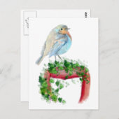 Europese Robin op schep, Waterverf Bird Briefkaart (Voorkant / Achterkant)