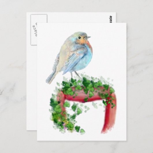 Europese Robin op schep, Waterverf Bird Briefkaart (Voorkant / Achterkant)