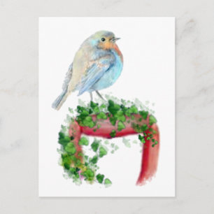 Europese Robin op schep, Waterverf Bird Briefkaart