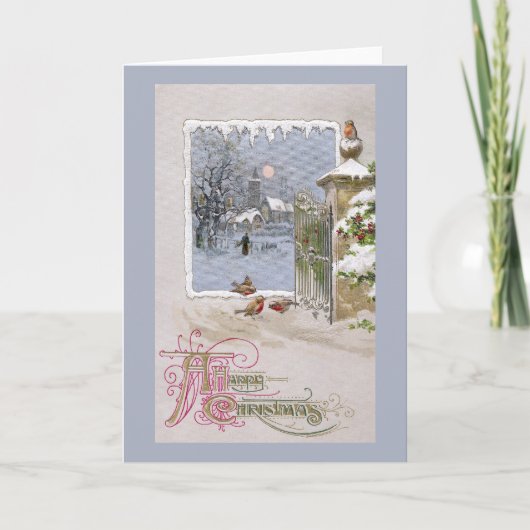Europese Robins bij Poort aan Dorp Feestdagen Kaart (Voorkant)