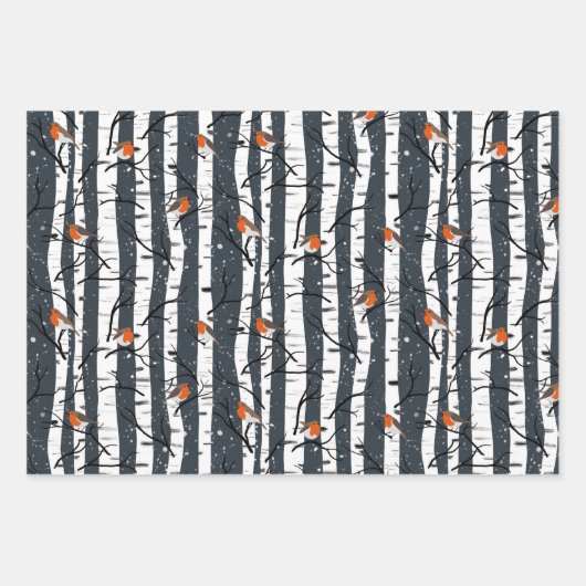 Europese Robins op zilveren berk in het sneeuwgrij Inpakpapier Vel (Voorkant)