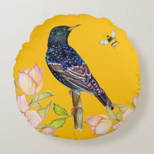 Europese Spreeuw Vogel Aquarel Inpakpapier Rond Kussen