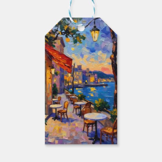 Europese straat bij zonsondergang cadeaulabel (Voorkant)