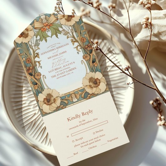 Europese Victoriaans Floral Art Nouveau bruiloft All In One Uitnodiging