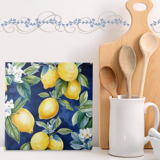 Europese Waterverf Lemons Pattern marine Tegeltje