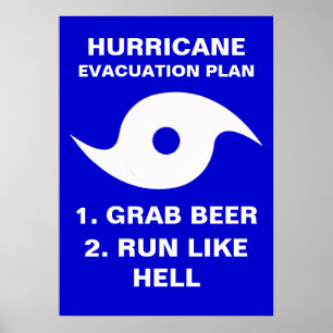 Evacuatieplan orkaan 1. Grab Beer 2. Ren als Poster