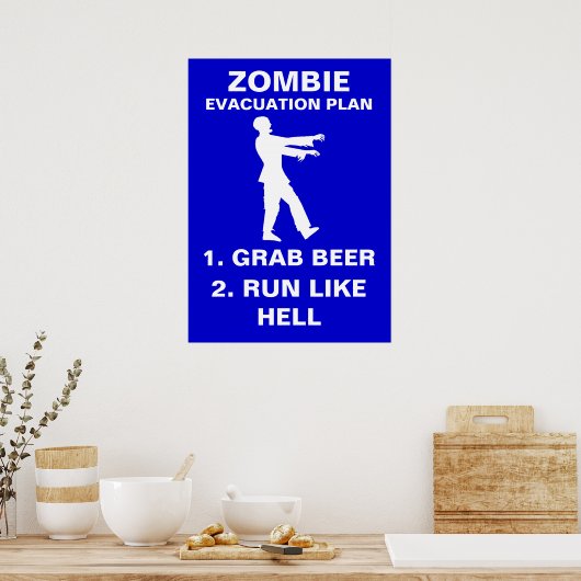 Evacuatieplan Zombie 1. Grab Beer 2. Ren als Poster (Keuken)