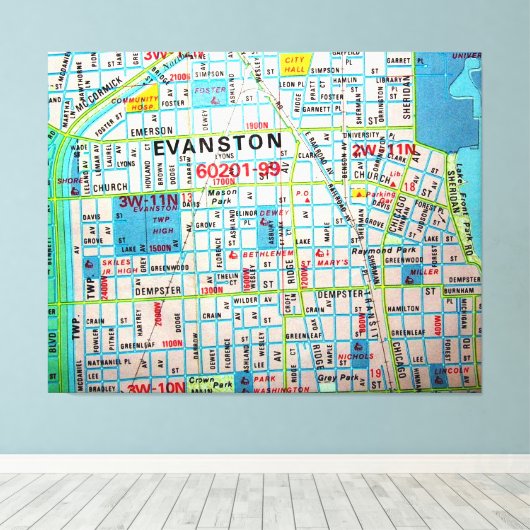 EVANSTON,  kaart van IL Canvas Afdruk (Insitu (Houten vloer))
