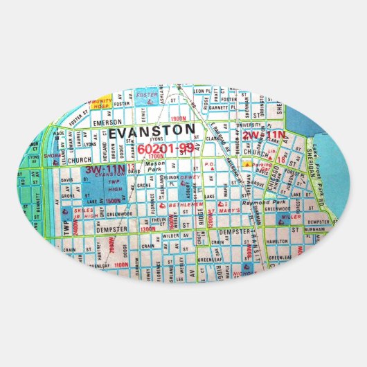 EVANSTON, kaart van IL Ovale Sticker (Voorkant)