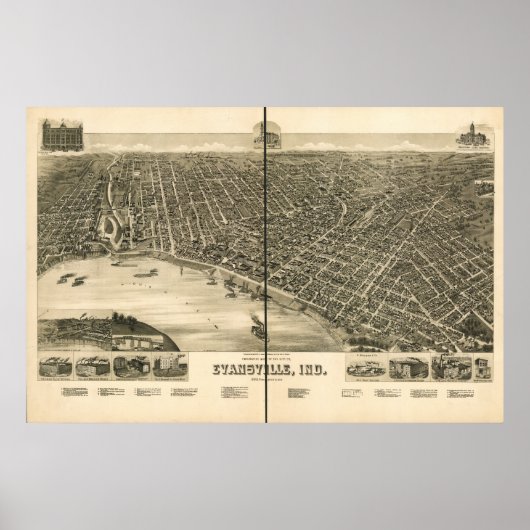 Evansville Indiana 1888 Antiek Panorama Poster (Voorkant)