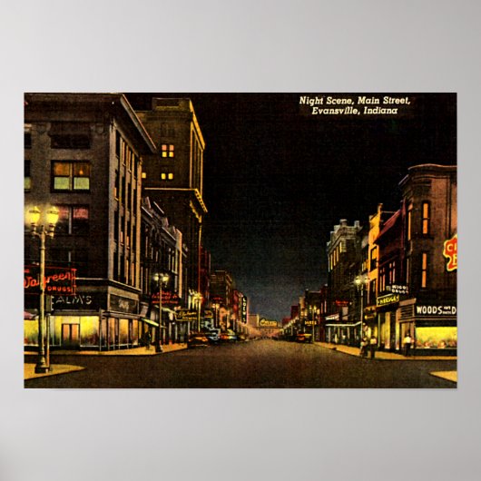 Evansville, Indiana Night Scene Main Street Poster (Voorkant)