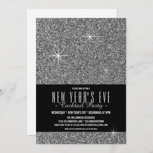 Eve Glitzy Silver Party Uitnodiging nieuwjaar (Voorkant / Achterkant)