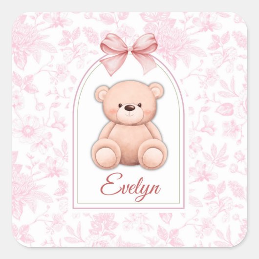 Evelyn | Aangepaste Roze Teddybeer Nursery Design Vierkante Sticker (Voorkant)