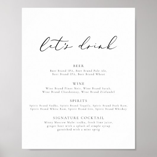 EVELYN Calligraphy Modern Let's Drink Bar Menu Poster (Voorkant)