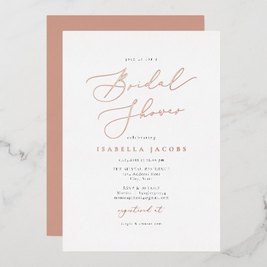 EVELYN Elegant Script Roos Gold Foil Vrijgezellenf Folie Uitnodiging (Voorkant / Achterkant)